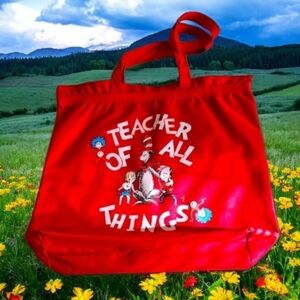 Teacher Tote Bag Red UNIVERSAL Studio CAT IN HAT Teacher Of All Things W Zipper